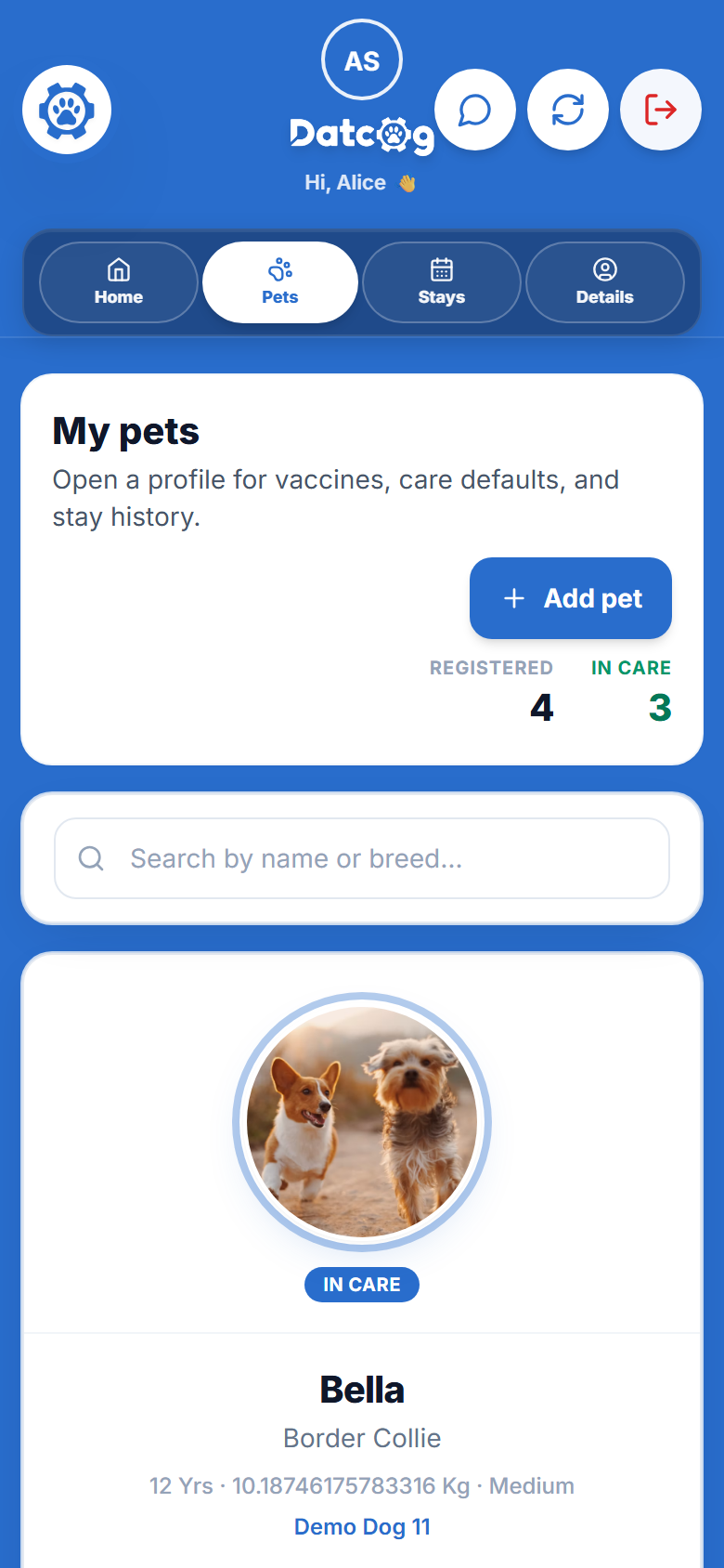 DatCog client portal pet list