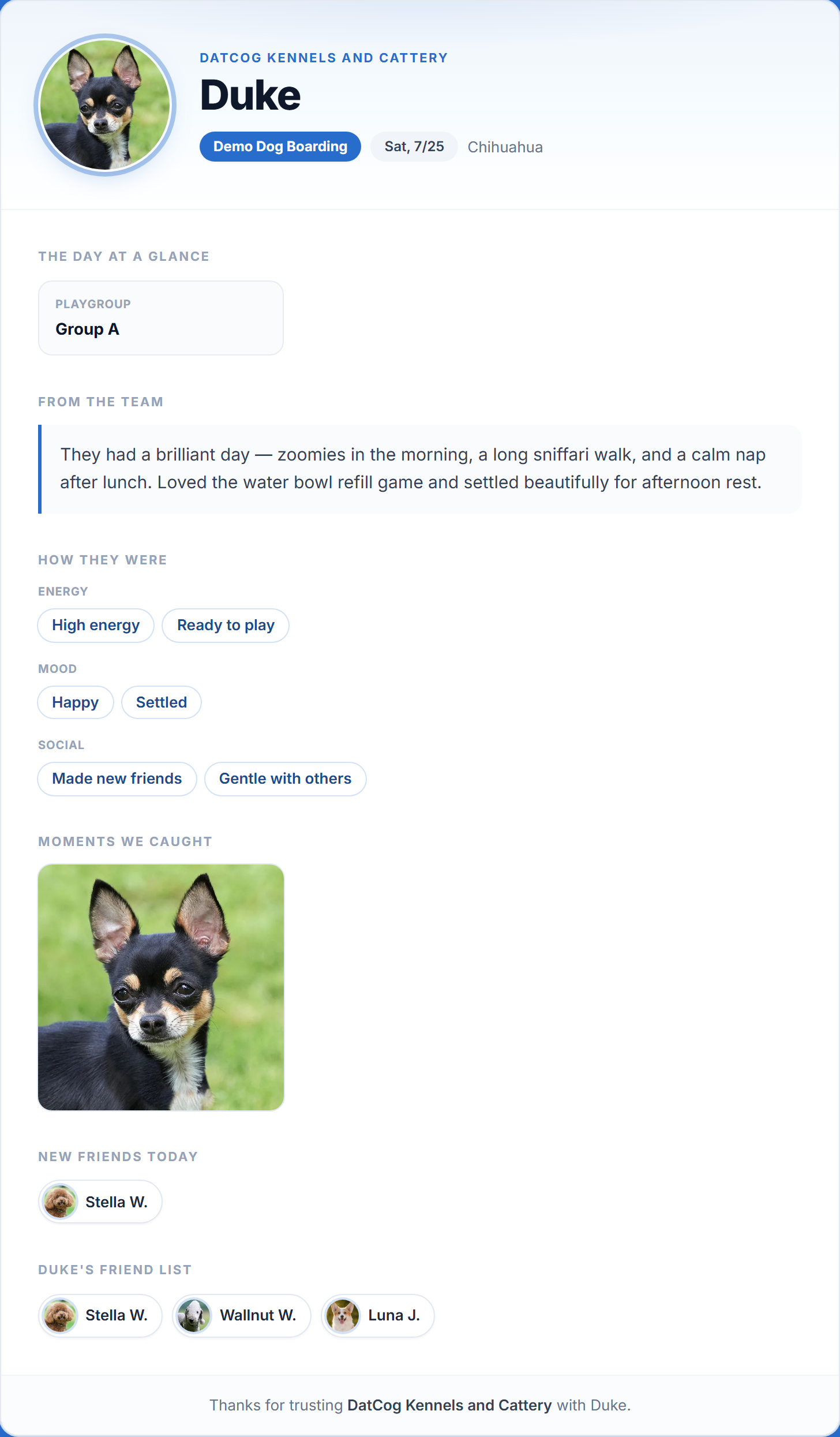 DatCog day report card with photos, mood tags and playgroup for Duke
